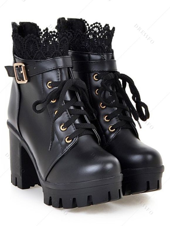 Solid Color Lace Panel Lace Up Buckle Strap Boots Chunky Heel Back Zipper Martin Boots - Noir EU 43