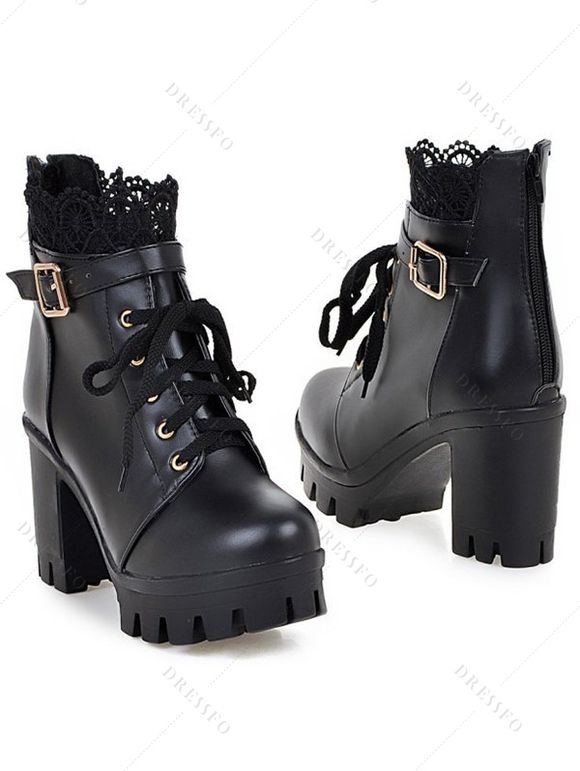 Solid Color Lace Panel Lace Up Buckle Strap Boots Chunky Heel Back Zipper Martin Boots - Noir EU 35
