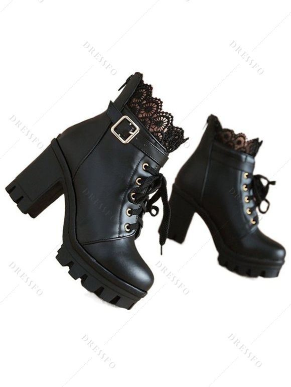 Solid Color Lace Panel Lace Up Buckle Strap Boots Chunky Heel Back Zipper Martin Boots - Noir EU 35