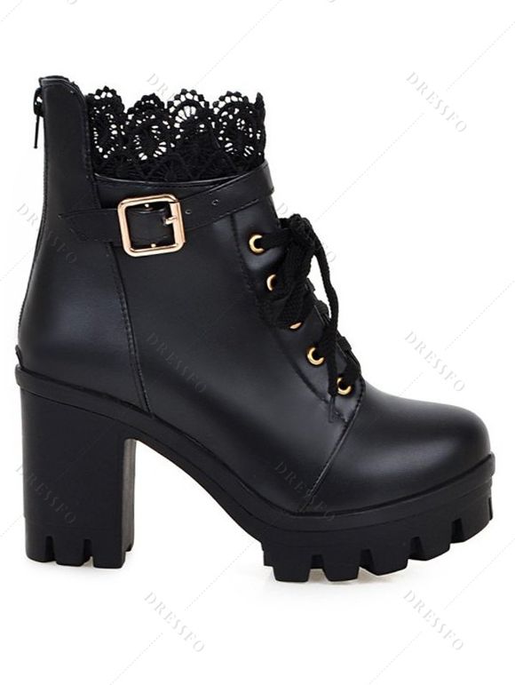 Solid Color Lace Panel Lace Up Buckle Strap Boots Chunky Heel Back Zipper Martin Boots - Noir EU 35
