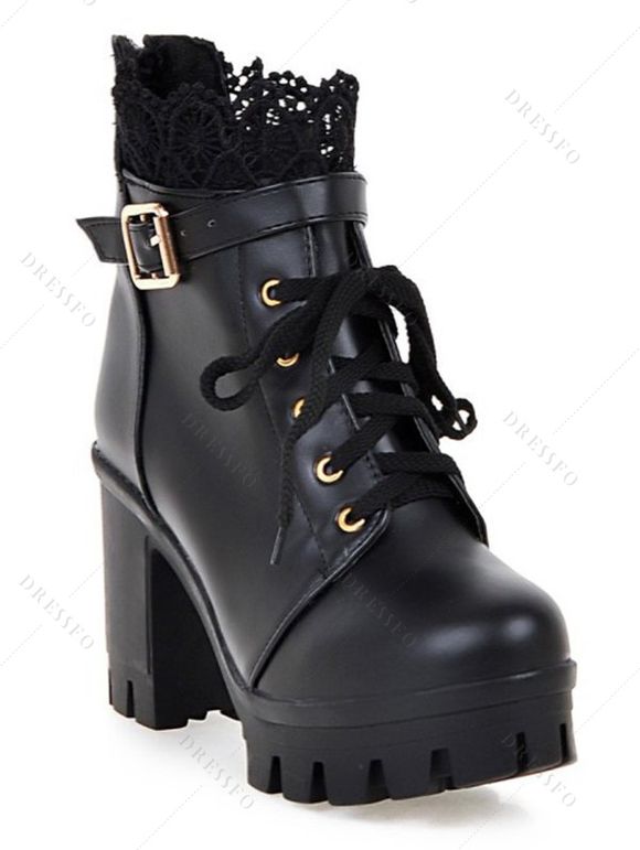 Solid Color Lace Panel Lace Up Buckle Strap Boots Chunky Heel Back Zipper Martin Boots - Noir EU 35