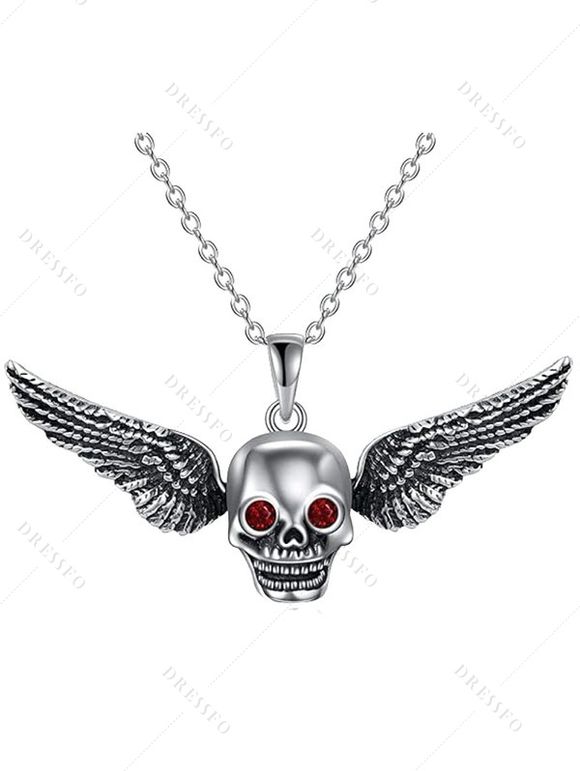 Collier gothique avec pierres artificielles et ailes de crâne, style punk, pour Halloween - Argent 