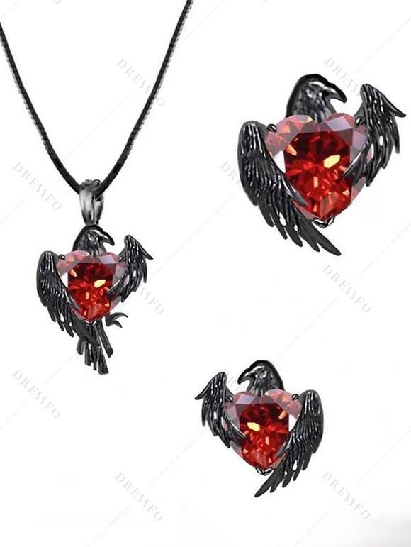 Ensemble collier et boucles d'oreilles gothiques en forme de cœur artificiel avec ailes de corbeau, accessoires de vacances pour femmes - Noir 