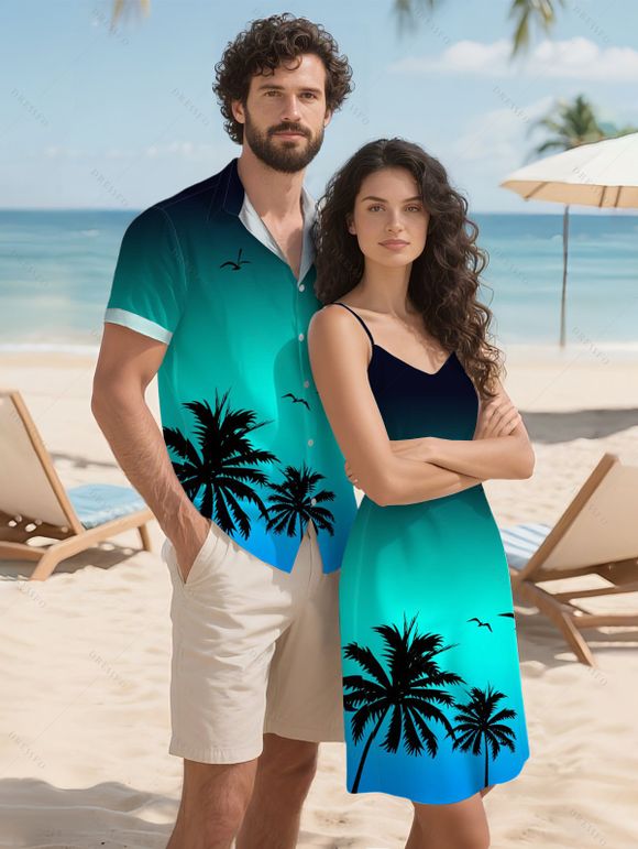 Vacation Couple Outfit Ombre Coconut Tree Seagulls Pattern Spaghetti Strap V Neck A Line Mini Tank Dress and Roll Up Sleeve Shirt Beach Matching Outfit - Vert S | US 4