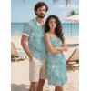 Vacation Couple Outfit Tropical Leaf Pattern Spaghetti Strap A Line Mini Tank Dress and Roll Up Sleeve Shirt Matching Outfit - Vert clair S | US 4