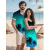 Vacation Couple Outfit Ombre Coconut Tree Seagulls Pattern Spaghetti Strap V Neck A Line Mini Tank Dress and Roll Up Sleeve Shirt Beach Matching Outfit - Vert S | US 4