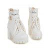 Solid Color Lace Panel Lace Up Buckle Strap Boots Chunky Heel Back Zipper Martin Boots - Blanc EU 38