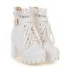 Solid Color Lace Panel Lace Up Buckle Strap Boots Chunky Heel Back Zipper Martin Boots - Blanc EU 38