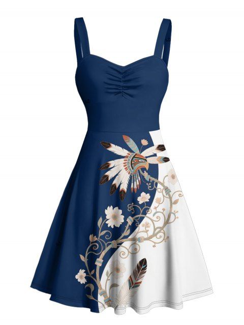 Robe de vacances à motif de plumes et de fleurs de couleur contrastée, buste froncé, col en cœur, robe trapèze décontractée mini