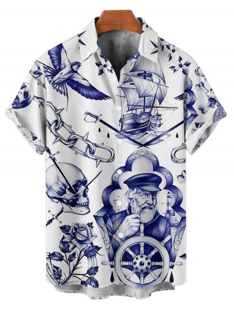 Chemise de vacances à motif floral et éléments de navigation pour homme, chemise gothique à manches courtes et boutons retroussables
