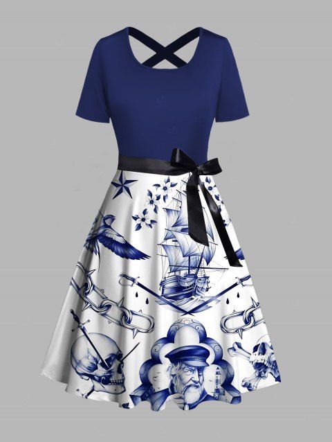 Robe de vacances à ceinture croisée, motif floral, éléments de navigation colorblock, têtes de mort, robe gothique trapèze