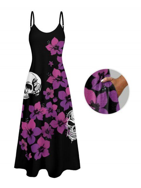 Robe gothique à motif floral et têtes de mort, bretelles spaghetti, coupe trapèze, longue, pour les vacances