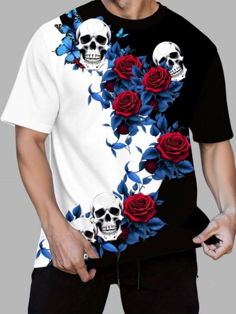 T-shirt gothique à manches courtes et col rond pour homme, motif tête de mort et roses contrastées, idéal pour les fêtes