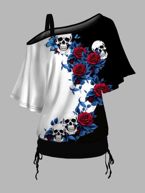 T-shirt gothique à col oblique et manches mi-chauve-souris, motif de feuilles de rose contrastées, haut de vacances cintré