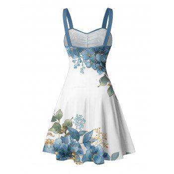 Vacation Couple Outfit Asymmetrical Floral Leaf Pattern Ruched Bust Belt Sweetheart Neck A Line Mini Dress and Button Up Shirt Casual Matching Outfit
