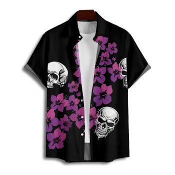 Men's Floral Skulls Pattern Gothic Shirt Button Up Roll Up Short Sleeve Holiday Shirt