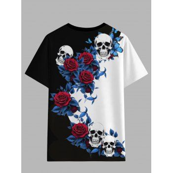 Men's Contrast Color Rose Skulls Pattern Gothic T Shirt Round Collar Short Sleeve Holiday Tee