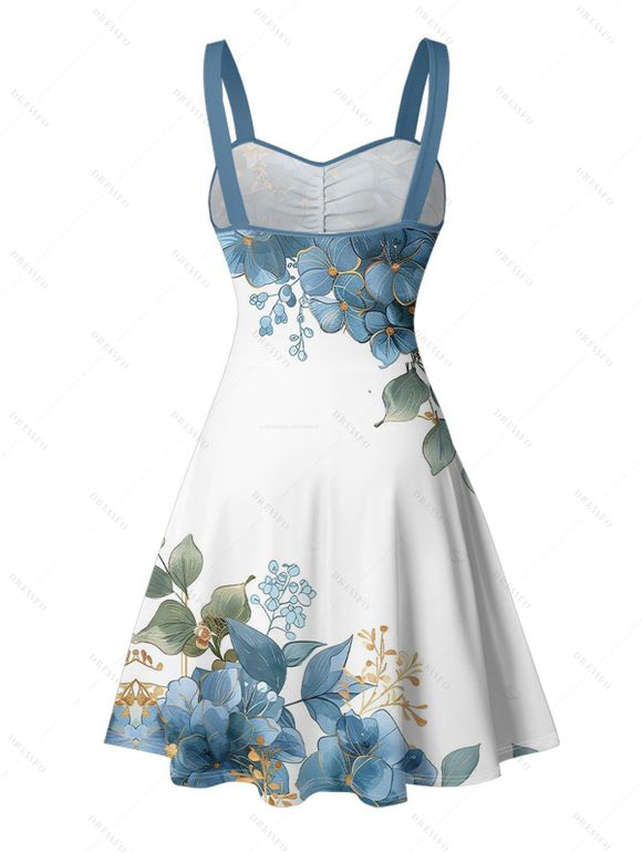 Vacation Couple Outfit Asymmetrical Floral Leaf Pattern Ruched Bust Belt Sweetheart Neck A Line Mini Dress and Button Up Shirt Casual Matching Outfit - Bleu gris S | US 4