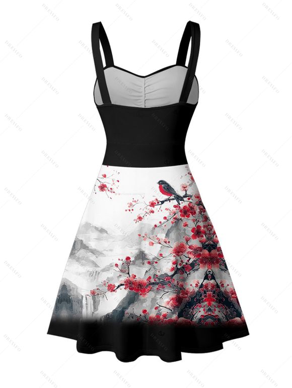 Vacation Couple Outfit Ink Painting Peach Blossom Bird Mountain Pattern Ruched Bust Belt Dress and Button Up Shirt Matching Outfit - Noir S | US 4