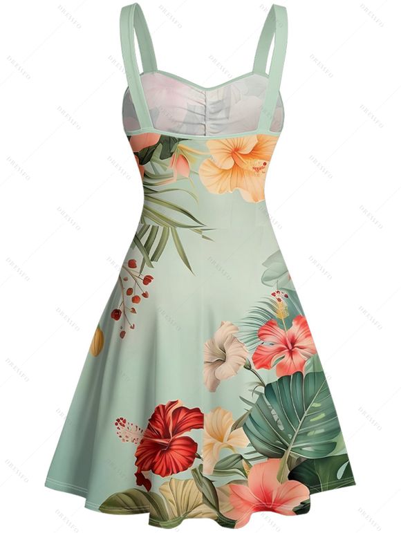 Vacation Couple Outfit Colored Flower Leaf Pattern Ruched Bust Belt Sweetheart Neck A Line Mini Dress and Button Up Shirt Matching Outfit - Vert clair S | US 4