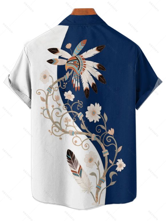 Chemise de vacances à manches courtes et boutons pour homme, décontractée, à motif floral et plumes, de couleur contrastée - Bleu profond 3XL