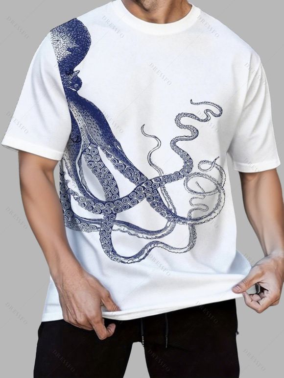 T-shirt de vacances à manches courtes et col rond pour homme, motif pieuvre, décontracté - Blanc XXL
