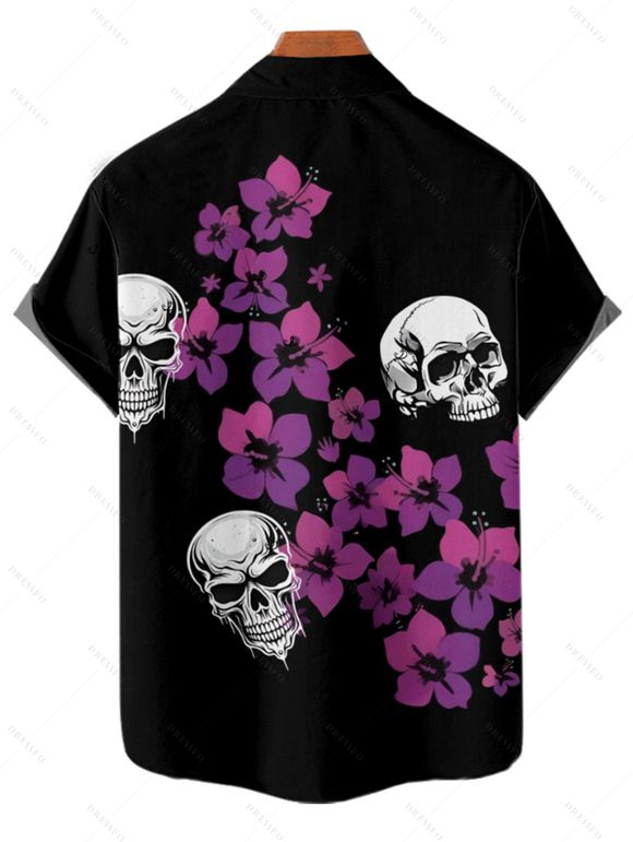 Chemise gothique à manches courtes et boutons pour homme, motif floral et tête de mort, style vacances - Noir 4XL