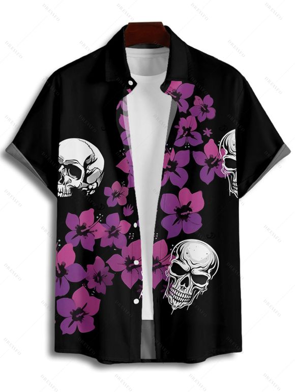 Chemise gothique à manches courtes et boutons pour homme, motif floral et tête de mort, style vacances - Noir 4XL
