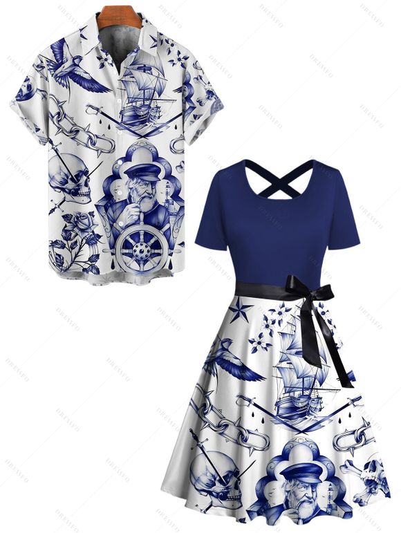 Vacation Couple Outfit Colorblock Navigation Elements Skulls Floral Pattern Crossover A Line Belt Dress and Button Up Shirt Gothic Matching Outfit - Bleu profond S | US 4