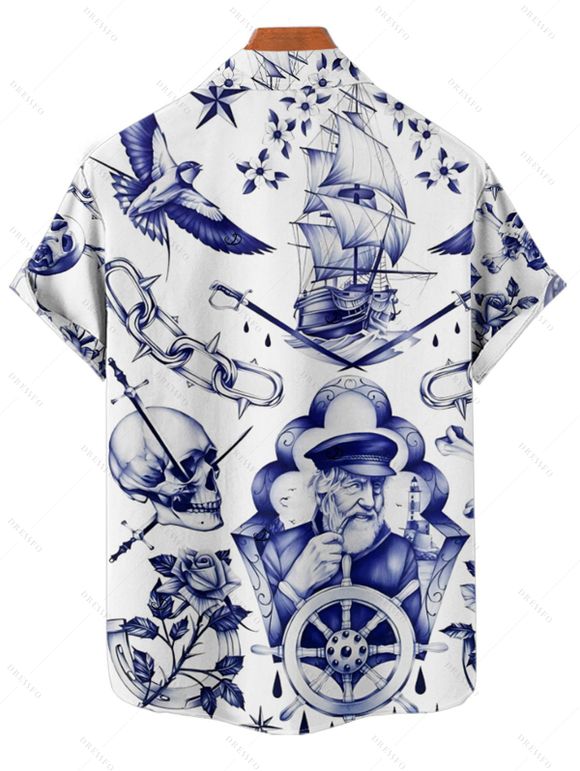 Chemise de vacances à motif floral et éléments de navigation pour homme, chemise gothique à manches courtes et boutons retroussables - Bleu profond 4XL