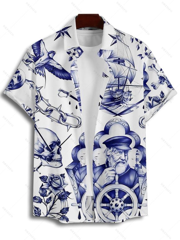 Chemise de vacances à motif floral et éléments de navigation pour homme, chemise gothique à manches courtes et boutons retroussables - Bleu profond 4XL