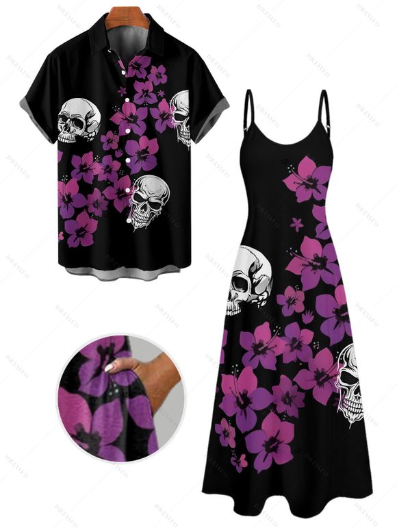 Gothic Couple Outfit Floral Skulls Pattern Spaghetti Strap A Line Long Tank Dress and Button Up Shirt Holiday Matching Outfit - Noir S | US 4