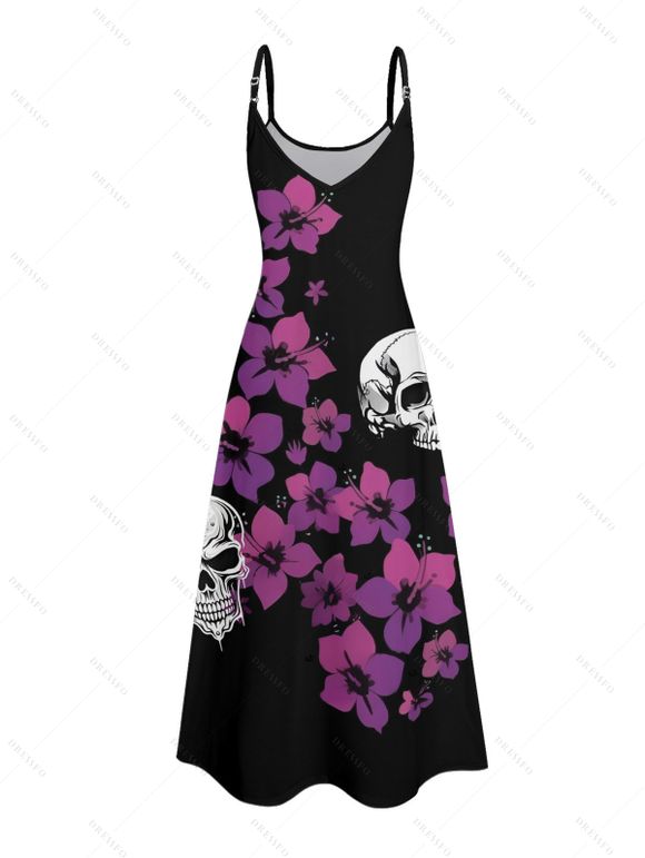 Gothic Couple Outfit Floral Skulls Pattern Spaghetti Strap A Line Long Tank Dress and Button Up Shirt Holiday Matching Outfit - Noir S | US 4