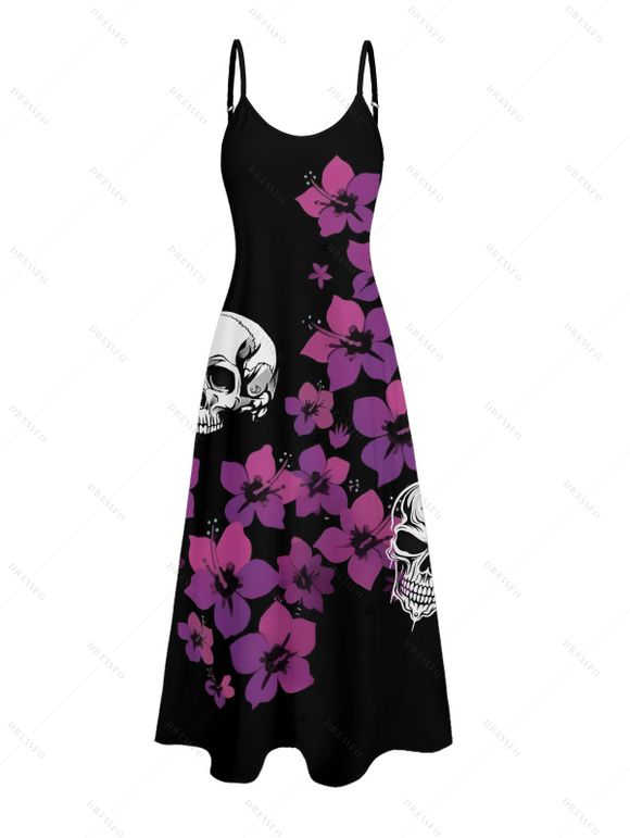 Gothic Couple Outfit Floral Skulls Pattern Spaghetti Strap A Line Long Tank Dress and Button Up Shirt Holiday Matching Outfit - Noir S | US 4