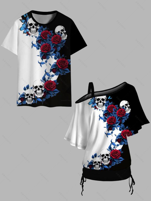 Gothic Couple Outfit Rose Leaf Contrast Color Pattern Skew Neck Batwing Sleeve Cinched T-Shirt and Round Collar Tee Holiday Matching Outfit - Noir S | US 4