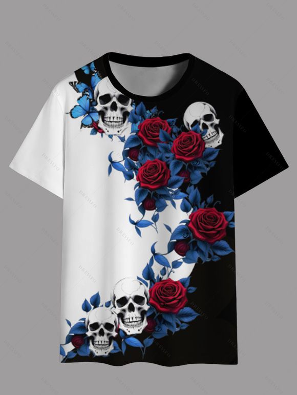 Gothic Couple Outfit Rose Leaf Contrast Color Pattern Skew Neck Batwing Sleeve Cinched T-Shirt and Round Collar Tee Holiday Matching Outfit - Noir S | US 4