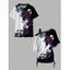 Gothic Couple Outfit Rose Leaf Contrast Color Pattern Skew Neck Batwing Sleeve Cinched T-Shirt and Round Collar Tee Holiday Matching Outfit - Noir S | US 4