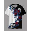 Gothic Couple Outfit Rose Leaf Contrast Color Pattern Skew Neck Batwing Sleeve Cinched T-Shirt and Round Collar Tee Holiday Matching Outfit - Noir S | US 4