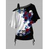 Gothic Couple Outfit Rose Leaf Contrast Color Pattern Skew Neck Batwing Sleeve Cinched T-Shirt and Round Collar Tee Holiday Matching Outfit - Noir S | US 4