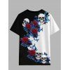 Gothic Couple Outfit Rose Leaf Contrast Color Pattern Skew Neck Batwing Sleeve Cinched T-Shirt and Round Collar Tee Holiday Matching Outfit - Noir S | US 4