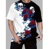 Gothic Couple Outfit Rose Leaf Contrast Color Pattern Skew Neck Batwing Sleeve Cinched T-Shirt and Round Collar Tee Holiday Matching Outfit - Noir S | US 4