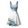 Vacation Couple Outfit Asymmetrical Floral Leaf Pattern Ruched Bust Belt Sweetheart Neck A Line Mini Dress and Button Up Shirt Casual Matching Outfit - Bleu gris S | US 4