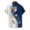 Chemise de vacances à manches courtes et boutons pour homme, décontractée, à motif floral et plumes, de couleur contrastée - Bleu profond 5XL