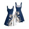 Robe de vacances à motif de plumes et de fleurs de couleur contrastée, buste froncé, col en cœur, robe trapèze décontractée mini - Bleu profond S | US 4