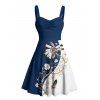 Robe de vacances à motif de plumes et de fleurs de couleur contrastée, buste froncé, col en cœur, robe trapèze décontractée mini - Bleu profond S | US 4