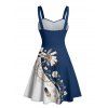 Robe de vacances à motif de plumes et de fleurs de couleur contrastée, buste froncé, col en cœur, robe trapèze décontractée mini - Bleu profond S | US 4