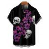 Chemise gothique à manches courtes et boutons pour homme, motif floral et tête de mort, style vacances - Noir 4XL