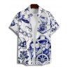 Chemise de vacances à motif floral et éléments de navigation pour homme, chemise gothique à manches courtes et boutons retroussables - Bleu profond 5XL