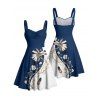 Vacation Couple Outfit Contrast Color Flower Feather Pattern Ruched Bust Sweetheart Neck A Line Mini Dress and Button Up Shirt Casual Matching Outfit - Bleu profond S | US 4