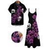Gothic Couple Outfit Floral Skulls Pattern Spaghetti Strap A Line Long Tank Dress and Button Up Shirt Holiday Matching Outfit - Noir S | US 4